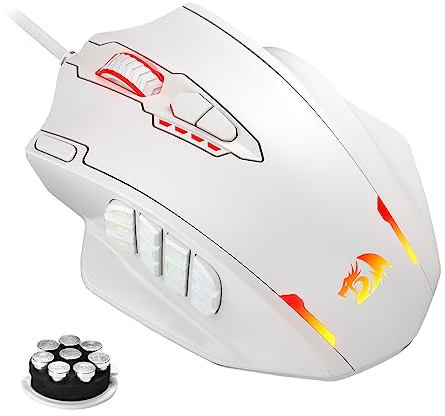 Redragon M908 Impact RGB LED MMO Mouse with Side Buttons Optical Wired Gaming Mouse with 12,400DPI, High Precision, 20 Programmable Mouse Buttons, White