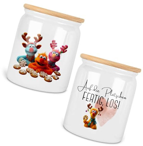 Melifestyle Keramik Keksdose Auf die Plätzchen Fertig los Rentier Plätzchendose Aufbewahrung Weihnachten Deckel Holz luftdicht schließend 650ml