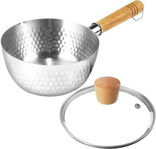 Stainless Steel Milk Pan, Hammered Yukihira Pan with Lid and Wooden Handle, Traditional Japanese Saucepan Non Stick Sauce Pan for Ramen, Tempura Pot[Energy Class A] (Size : 18cm)