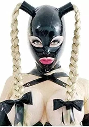 Liebeskomplizen Spezial Latexmaske mit Zöpfen, Bondage Zopf Maske 100% Latex Gummi SM Fetisch BDSM Maske Halloween, Schwarz, Größe S