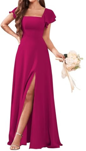 WSEYU Vestidos de dama de honor de gasa para boda con manga de volantes, vestidos largos formales de fiesta, fucsia, talla 14