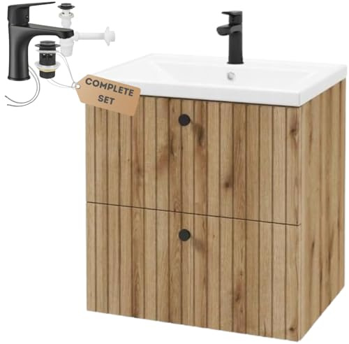 .Deftrans DomoDomo - Badrumsskåp med Handfat - 60 x 46 x 64 cm - Ek - Väggmonterat Underskåp för Handfat med Lådor (Voke Ek 60 cm med Kran)