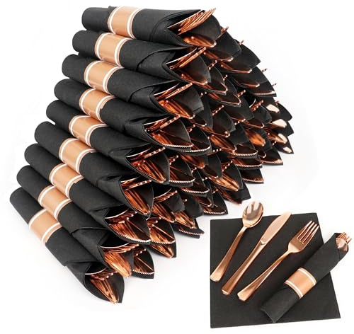 50 Pack Pre Rolled Rose Gold Plastic Silverware Set,Wrapped Plastic Cutlery Set with Napkin Include 50 Forks,50 Spoons,50 Knives and 50 Black Napkins for Party, Wedding,Christmas