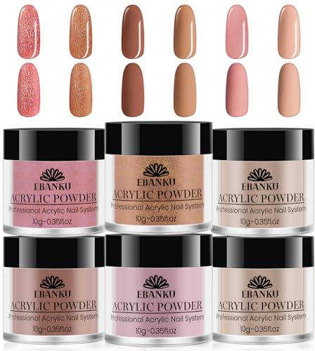 EBANKU Akrylpulveruppsättning, 60 g/0,35 oz akrylpulver stor kapacitet professionellt akrylnagelpulver för nagelakrylförlängning, nagelsnidning, långvarig, ingen nagellampa behövs (nakenbrun 6 färger)