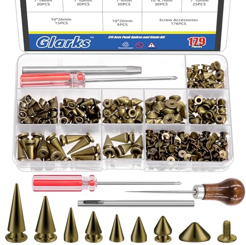 Glarks 355pcs Antike Messing Punk Spikes und Studs Kit, 7-Größen Zink Legierung Kegel Spike und Stud Niete, Metall Leder Baum Spikes Studs mit Kratzer Awl Schraubendreher Punch