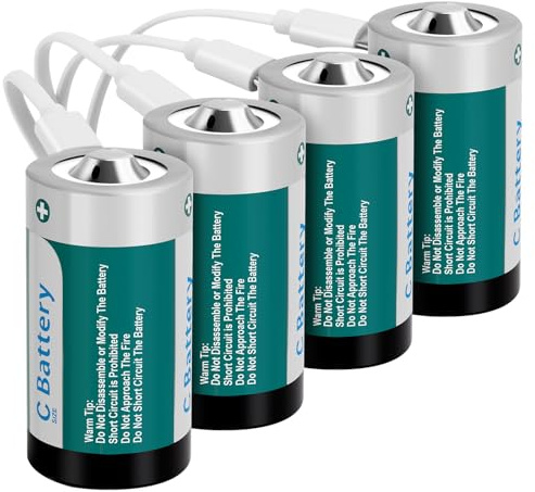 Fitinoch 4 Pack Rechargeable C Batteries 4100mWh, Long-Lasting 1.5V C Size Lithium Battery with USB Charging Cable
