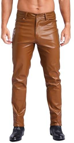 JEATHA Hommes Pantalon en Faux Cuir Pantalon Wetlook Slim Lit Extensible Tenue Festival Carnaval Disco Clubwear S-5XL Marron M