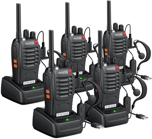 Proster Set di 5 Ricetrasmittenti Professionali Walkie Talkie a Lungo Raggio PMR 446 Comunicazione Chiara con 16 Canali, Cuffie, Torcia LED e Funzione VOX Woki Toki per Uso Professionale e Personale | Pronto all'Uso con Tasti Intuitivi, Audio Nitido e Funzione VOX per Comunicare senza Tenere il Dispositivo in Mano