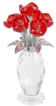 DONOUCLS Kristallvase mit Rotem Rosenstrauß, Handgefertigte Rote Rosen & Grüne Blätter, Elegante Blumenvase aus Kristall für Zuhause, Hochzeit oder als Romantisches Geschenk
