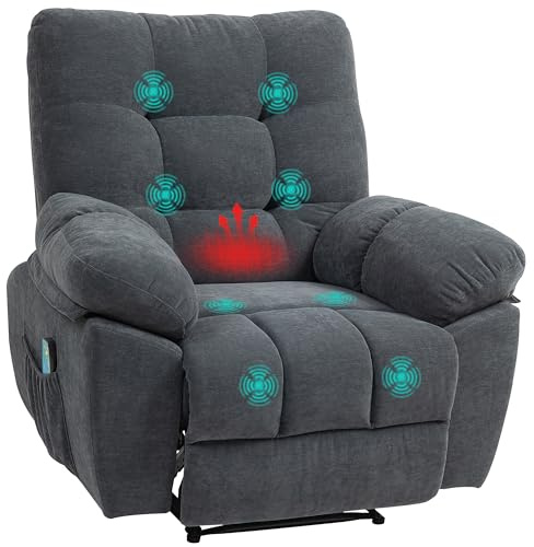 HOMCOM Relaxsessel Fernsehsessel mit Liegefunktion Heizung Dunkelgrau | Massagesessel mit Vibration, 8 Modi, TV Sessel mit Wandnahen Design, Fußteil, Seitentasche, für Wohnzimmer