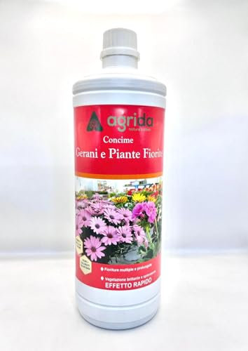 Concime Liquido Concentrato per Gerani e Piante Fiorite 1kg – Fioriture Intense e Prolungate, Foglie Verdi e Forti, Effetto Rapido – 2 Tappi per 1L d’Acqua