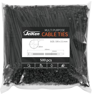 JelKen 500 Pack Black Cable Ties, 100mm x 2.5mm, 4 Nylon Tie Wraps, Self-Locking Small Zip Ties for Home Office and Garden