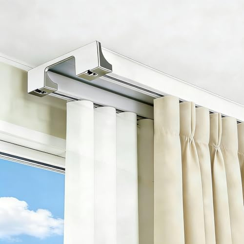 Silent Double Row Ceiling Curtain Track, Heavy-Duty Curtain Double Track Rail, Aluminum Drapes Rail for Bedroom, Living Room, Hospital (White,39.4in/100cm)