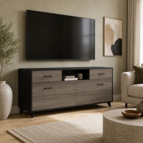 PREMTURE TV-Schrank, Fernsehtisch mit 2 Türen, 160 cm lang, TV-Regal für Fernseher bis zu 60 Zoll, verstellbare Ablagen, für Wohnzimmer, Esszimmer, Schlafzimmer, 160 x 68 x 40 cm, MDF, Schwarz+Grau