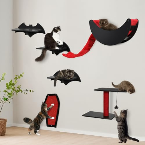 Rhdekoein Gothic Katzen Wandregal Set, 7-teilig – Wandmontierter Kletterbaum für Katzen mit Brücke, Leiter, Stufen, Kratzbrett, Kratzsäulen, Hängespielzeug & Katzenbett – Katzenmöbel im gotischen Stil
