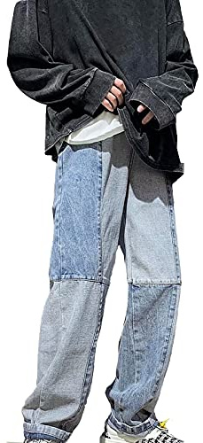 Jeans da uomo Baggy, jeans con bottoni e tasche, jeans elasticizzati, bicolore, patchwork, taglio dritto, pantaloni da lavoro classici e versatili, per tutti i giorni, Azzurro, M