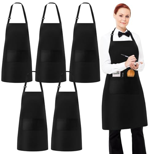 5 Stück Schwarze Kochschürzen, Unisex Arbeitsschürze, Schürze mit 2 Taschen, Verstellbare Nackenband Schürze, Waschbar Unisex Küchenschürze, Cook Apron für Küche, Kochen, Backen, Restaurant, Café