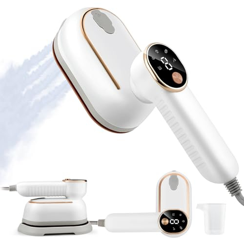 Steam Iron Travel Steamer - Travel Iron for Clothes with LCD Screen, Portable Handheld Clothes Steamer with 180° Rotatable Handle, 3 Steam Levels,10S Fast Heat-up for Travel, Home, Office (White)
