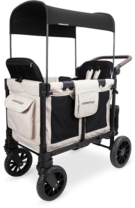 WONDERFOLD W2 Luxe Pro Kinderwagen (2-Sitzer) – zusammenklappbarer Wagen mit Sitzen, 5-Punkt-Sicherheitsgurten und verstellbarem Sonnendach (Beige)