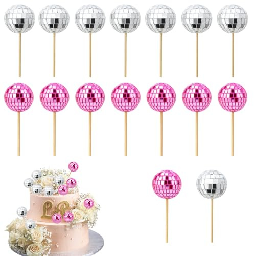 16 PCS Disco Ball Cake Decorations, 2.3 CM Mini Disco Balls for Cake, Pink and Silver Cake Toppers, Disco Theme Party Supplies for Birthday, Wedding, Dessert Decoration