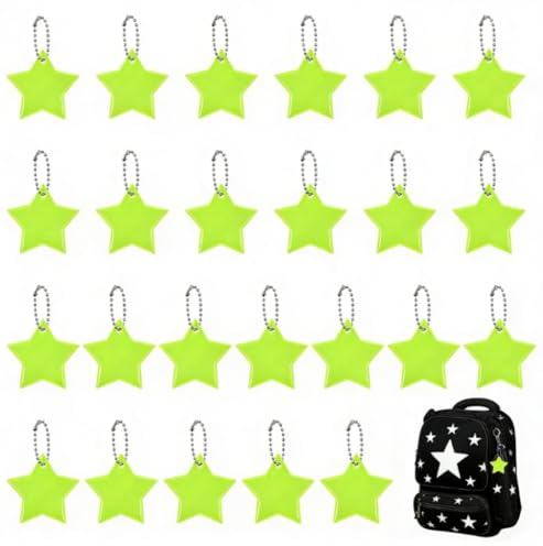 AEYBFGD 24 Stück Reflektierende Sternanhänger, Sicherheitsreflektoren für Kinder, Wasserdichte Reflektierende PVC-Schlüsselanhänger für Schultaschen, Radfahren, Wandern, Laufen, Kinder