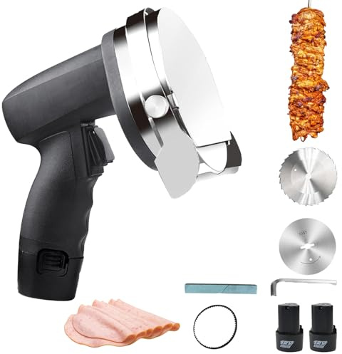 Cordless Electric Doner Kebab Slicer, 80W Commercial Electric Meat Slicer Machine with 2 Stainless Steel Cutter, 0-8mm Thickness for Restaurant BBQ Home Wireless Planar