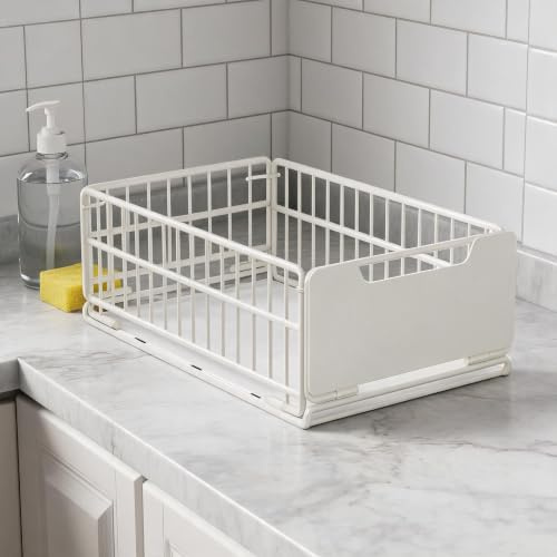GarveeMore Étagère coulissante extractible pour placard de cuisine – Panier tiroir en acier pliable avec poignée – Installation sans perçage – 43 x 25 x 18 cm – Blanc, largeur 25 cm