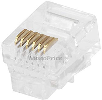 Monoprice 6P6C RJ12 Modular Plugs - For Round Solid/Stranded Cable, 1u, 3 Prongs, 50 Pack, Clear