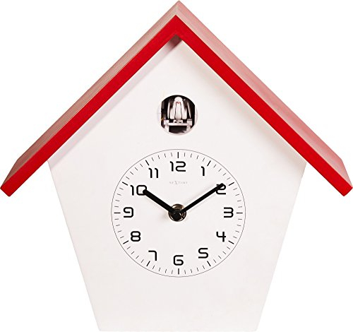 NeXtime Birdy Kuckucksuhr, Wanduhr, Küchenuhr, Uhr, Bürouhr, Wohnzimmeruhr, Deko, Holz, Weiß, Rot, 3108ro