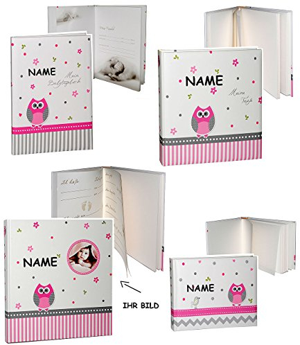 alles-meine.de GmbH 4 TLG. Set: Fotoalbum + Babytagebuch + Taufalbum + Album - Baby - Eule & Blumen - incl. Namen - Gebunden zum Einkleben - Fotobuch/Photoalbum/Babyalbum..
