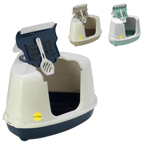 CAT CENTRE Dark Blue Large Corner Cat Litter Tray Hooded + Scoop + Filter | Hooded litter box with flip door, deep anti-spillage tray, detachable hood, enclosed design, safe for kittens