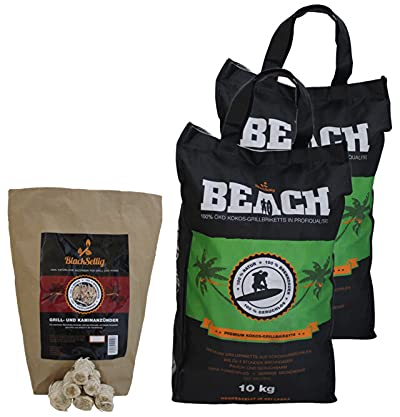 BlackSellig Beach Premium Kokos Grillbriketts – Cocos Holzkohle für Dutch Oven, BBQ & Smoker – Hochwertige Grillkohle & Holzkohlebriketts – Lange Brenndauer & Hohe Hitze (20kg + 50 Anzünder)