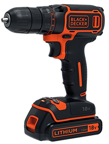 BLACK+DECKER Perceuse sans fil - 18V - 1 Vitesse - 0-650 trs/min - 30 Nm - Couple 10 positions - Bois 25 mm - Métal 10 mm - 2 Batteries 1,5 Ah, 1 Chargeur, 1 Coffret - BDCDC18K1B-QW