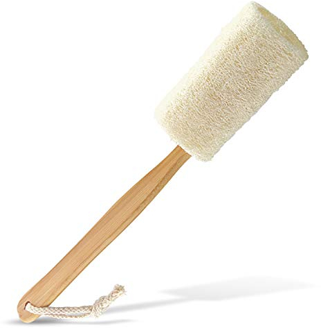 Natural Loofah Back Scrubber Exfoliating Luffa Loofa Bath Brush On a Stick, 15.75'' Wooden Handle Loofah Tubular Sponge Back Brush for Men & Women, Bath Spa Shower Sponge Body Back Scrubber Pack of 1