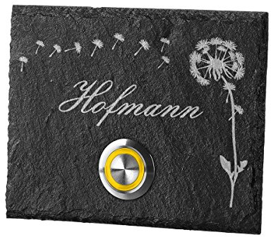 polar-effekt Personalisierte Türklingel aus Schiefer - 100x80 mm Klingelschild mit Gravur - Klingelknopf GELB - Klingelplatte Geschenk zum Einzug [mit Edelstahlklammer] Motiv: Pusteblume