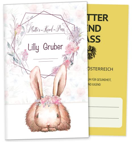OLGS Mutterkindpasshülle Österreich Cute Bunny - Personalisierte Schutzhülle mit Ultraschallbildfach für den Muki-Pass - Design Vega