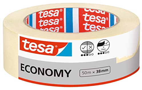 tesa Malerband ECONOMY - Vielseitiges Klebeband für Malerarbeiten ohne Lösungsmittel - Bis zu 4 Tage nach Gebrauch rückstandslos entfernbar, 50 m x 38 mm