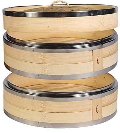 Hcooker 2 Capas Vaporizador de Bambú para Cocina con Doble Bandas de Acero Inoxidable para Cocina Asiática Bollos Empanadillas Verduras Pescado Arroz