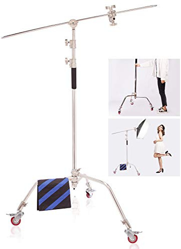 Pro Heavy Duty C-Stand Stainless Steel Light Stand with Wheels, 10ft/300cm Spring Cushion Adjustable Century Boom Arm Wheeled for Photography Studio Reflector and Other Equipment