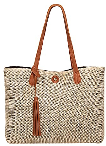 MEGAUK Damen Strandstroh Gewebte Shopper, Strand Schultertasche mit Leder Fransen Quasten Stroh gewebte Strandtasche für Frauen, Braun