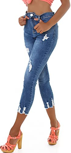 Jela London Damen High Waist Capri Jeans Skinny Stretch Destroyed, Blau 34-36