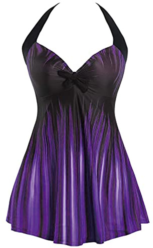 Sixyotie Traje de baño Cuello Una Pieza Monokini con Shorts de Seguridad Mujer Bañador con Falda Tamaño Grande Tankini (Purple, XL)