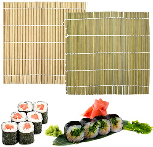Estera de Sushi de Bambú Natural, 2 Piezas Sushi Roll Mat Bamboo Lavable Bandeja de Sushi Reutilizable Fabricación de Sushi de Bambú para Fiesta en la Cocina Principiantes Profesionales, 24 x 24 cm
