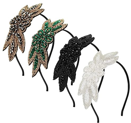 MWOOT 1920er Haarreif Frauen, 4 Stück Stirnbänder zum 20er Party Kostüme Damen, Vintage Haarband, Vintage Flapper Haarschmuck zum Thema 1920er Jahre Schwarz Weiß Silber Grün
