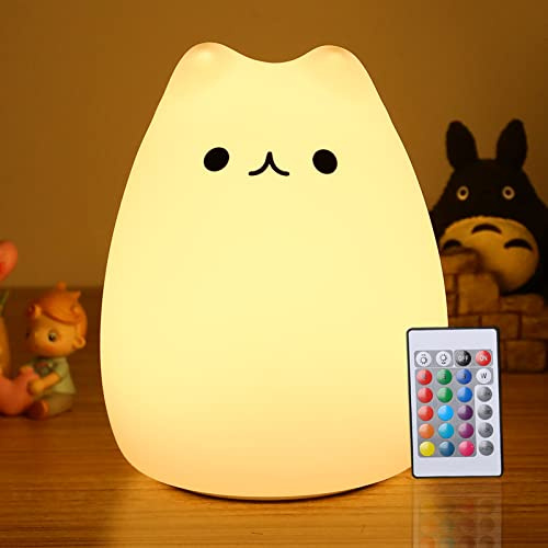 ZKLiLi Nachtlicht für Kinder, knautschig, niedliche Lampe, dimmbar, Kinder-Nachtlicht mit Timer und 16 Farben, wiederaufladbar, für Schlafzimmer (big eyes cat remote)