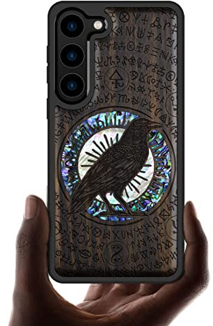 Carveit Designer Wooden Case for Samsung Galaxy S23 Case Cover [Wood Engraving & Shell Inlay] Unique Wood Phone Case Compatible with Wireless Chargers Galaxy S23 Case (Raven-Blackwood)
