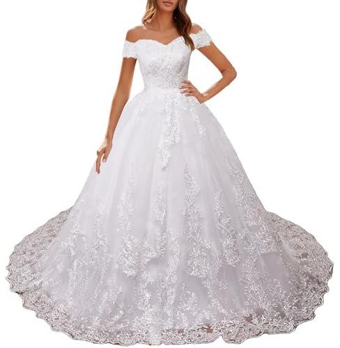 HEULORIA brautkleid Prinzessin Off Shoulder Spitze hochzeitskleid Glitzer mit langem Große Größen mit langem Zug BA-OF1227 (as3, Numeric, Numeric_44, Regular, Regular, Ivory)