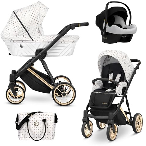 Kunert® IVENTO 3 in 1 Kinderwagen Kombikinderwagen komplettset I incl. Babywanne & Buggy Sportsitz & Auto-Babyschale mit Wickeltasche/Regenschutz +Fußsack I IVE 01 WHITE STYLE/GOLD FRAME
