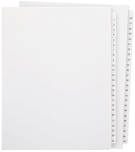 Yeaqee 1 Set Registerkarten, nummerierte Trennblätter, ungelocht, Briefgröße, Ordner-Trennblätter mit Registerkarten, Papier-Seitenteiler für 3-Ringbinder, weiße Ordner, Index-Trennblätter für
