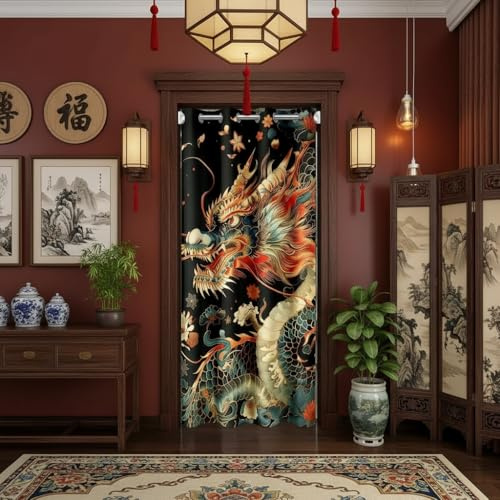 Castle Fairy Türvorhang mit Drachenmotiv, chinesischer Stil, Türvorhang für Schranktür, Retro, traditionelles Thema, Drachenmuster, Vorhang für Schlafzimmer, Privatsphäre, 1 Paneel (B x L) 86,4 x